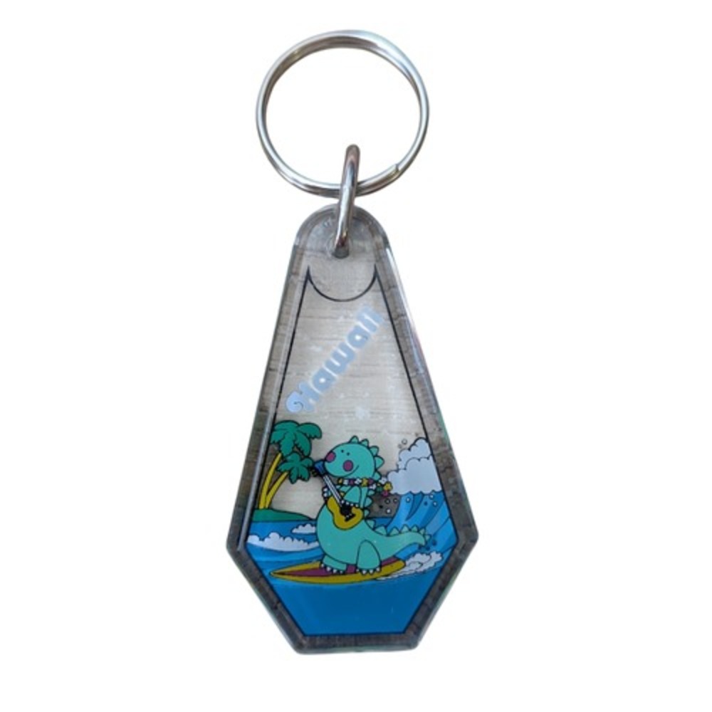 Vintage Plastic Hawaii Dinosaur Surfing Souvenir Keychain 3inch